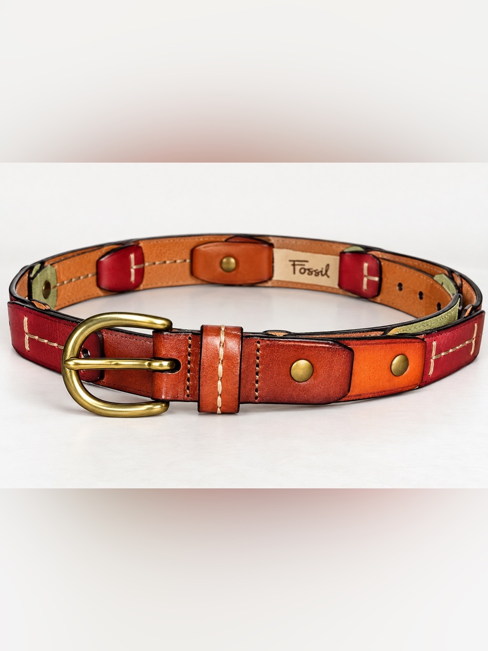 Fossil Multicolor Leather Patchwork Belt – Brass Buckle Boho Western Style Large